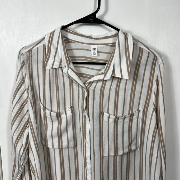 Nordstrom BP Tan & White Striped Button-Up Shirt | Long Sleeve Hi-Low Hem Size L - Picture 3 of 10